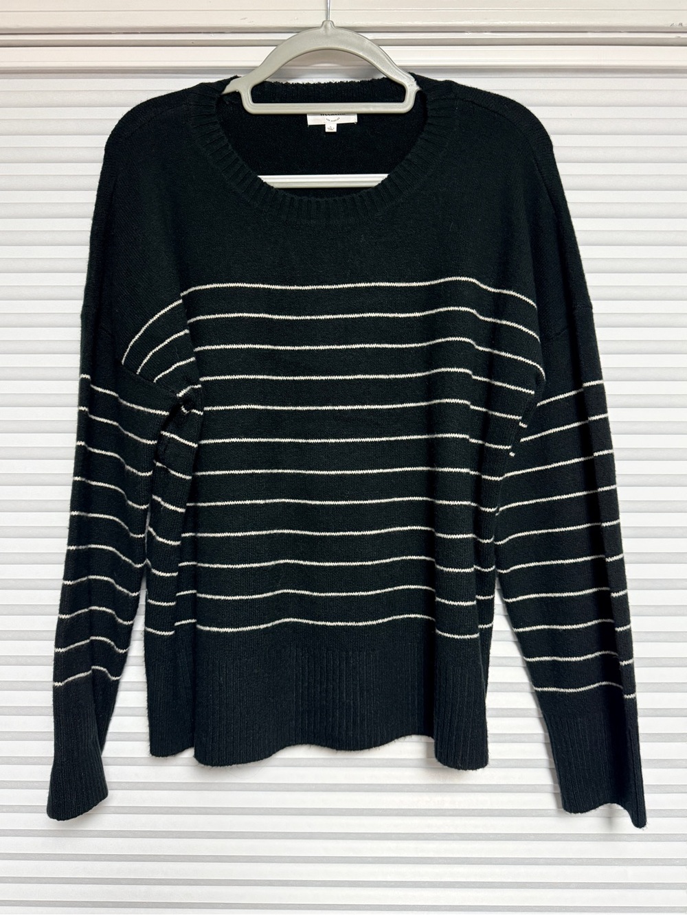 Women's Black Crewneck Sweater with Ivory Stripes